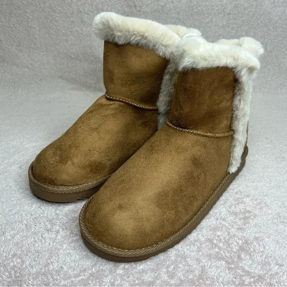 NEW Pescool Faux Suede/Fur Boots/Slippers Brown Kids 3 Winter Cozy Warm Boho