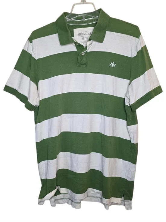 Aeropostale Worn Patina Green & White Striped Polo Shirt Size XL