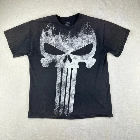Marvel T-Shirt Mens Punisher Regular L Black Graphic Distressed Skull Cotton
