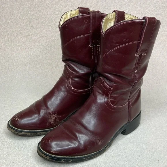Justin Western Leather Cowboy Roper Boots-Kids 1-Oxblood/Maroon/Burgundy-Classic
