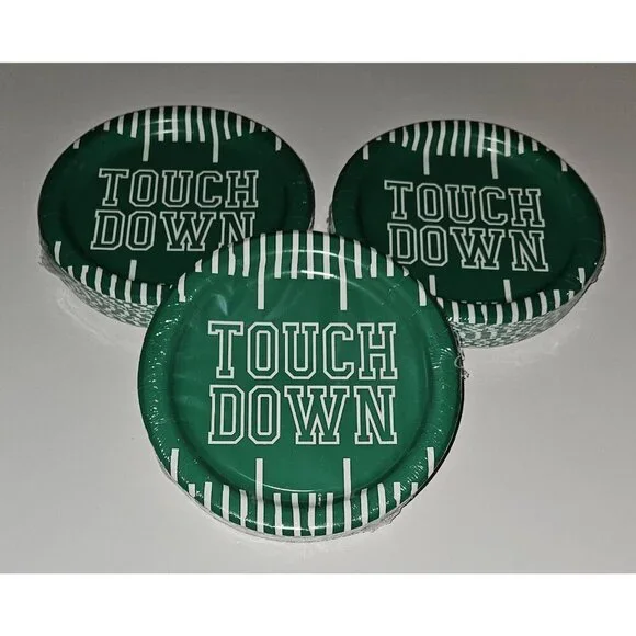 NEW 3 Pkgs Paper Plates Lot (30/pk) Football Touchdown Party Green White 6.75