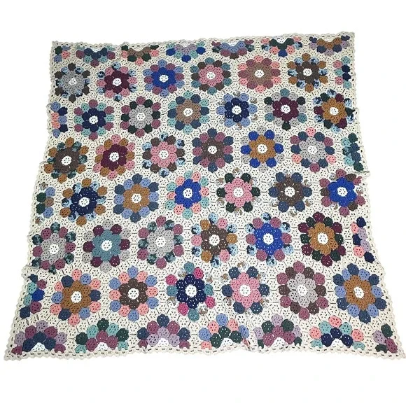 Vintage Handmade Crochet Granny Square Blanket Throw Floral Multicolor 75