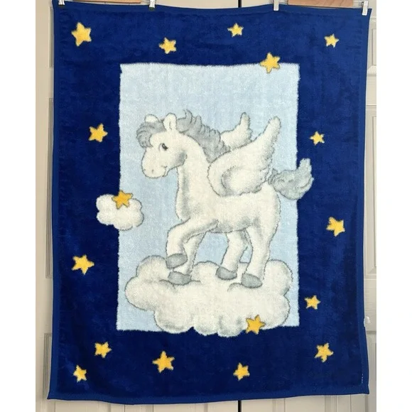 Vintage Baby Mink Blanket Pegasus Deep Royal Blue Stars‎ Clouds Dreams 43