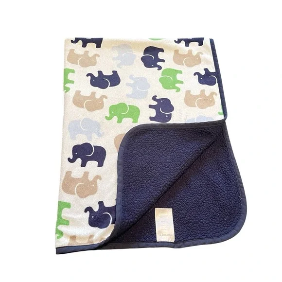 FLAW Carters Elephant Baby Blanket Navy Blue Green Tan Sherpa 30x38