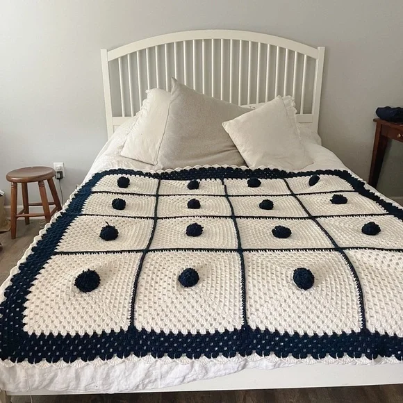 Vintage Handmade Blue White Pom Pom Granny Afghan Blanket 60x60