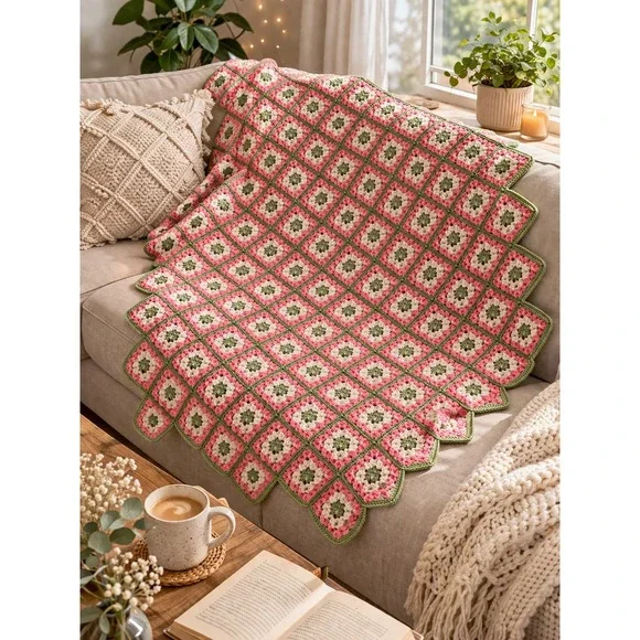 Vintage Crochet Granny Square‎ Afghan 58x64 Pink Green Throw Blanket Handmade
