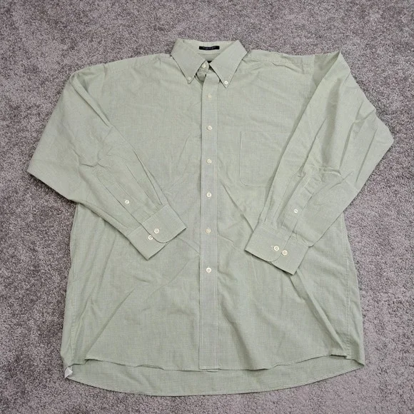 Chaps Mens Large Green White Micro Check Wrinkle Free Button Down Shirt 16-16.5