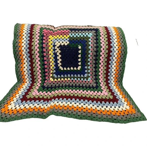 Handmade 70s Style Granny Square Crocheted Afghan Multicolored Boho 45x45 in