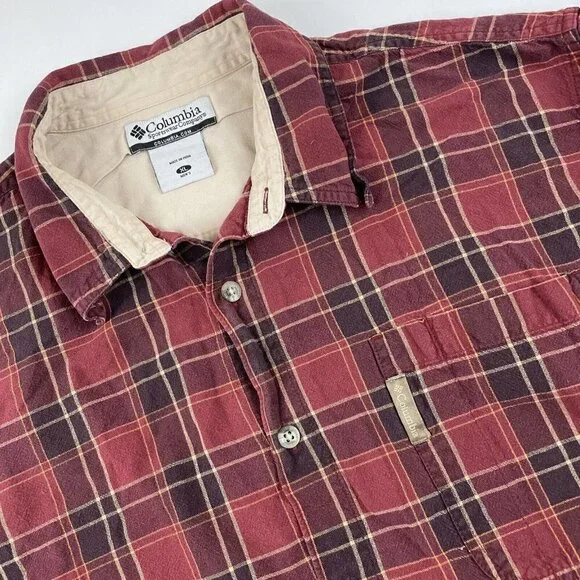 Columbia Button Up Plaid Shirt Men’s XL Cotton Reds Orange Long Sleeve Outdoors
