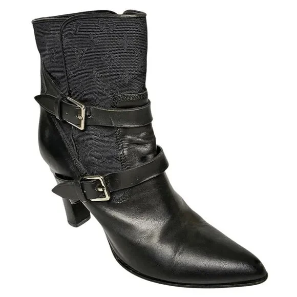 Louis Vuitton Monogram Logo Canvas + Leather Heeled Buckle Booties Black EU 36.5