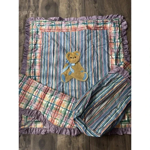 VTG Baby Bear 3D‎ Plush Teddy Handmade Crib Quilt Diaper Holder Purple Plaid