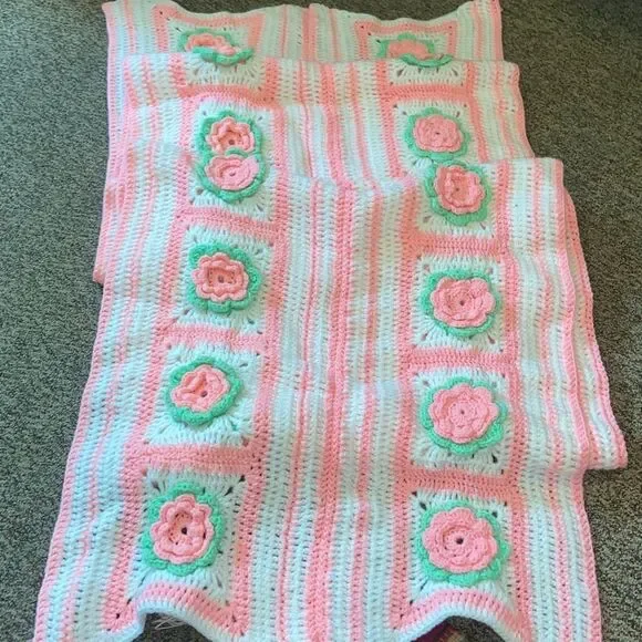 Pink and White Crochet Blanket with Floral Design Handmade 335X29” Approximate