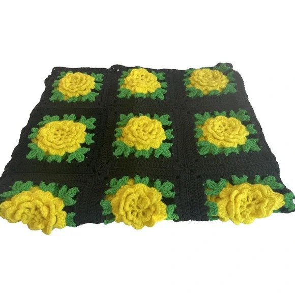 Vtg 70s Yellow Flower Sq. Crochet Afghan Sofa Throw Blanket 38