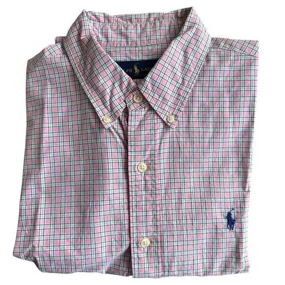 Ralph Lauren Pink Plaid Long Sleeve Button Down Collared Dress Shirt Cotton Sz L