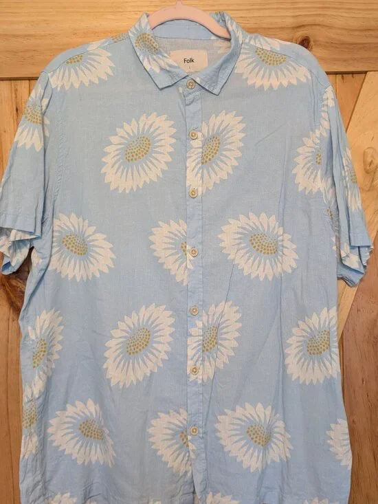 Folk Light Blue Floral Button-Down Shirt Size L