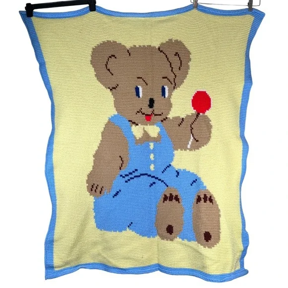 Vintage Handmade Crochet Teddy‎ Bear Baby Blanket Yellow Blue 44x48 knit nursery