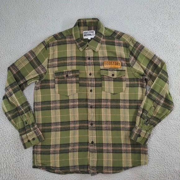 Oddstory Brewing Co Flannel Shirt Men Large Green Plaid Button Up Chattanooga