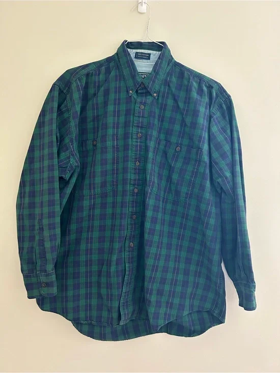 Chaps Ralph Lauren Men's Large Plaid Button Front Shirt Green Blue Cotton L