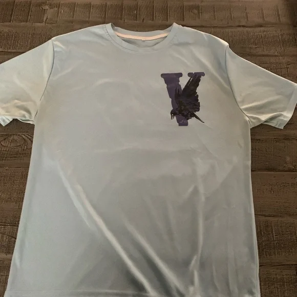 Men's Large Blue Graphic T-Shirt, EUC, Purple V Crow Design