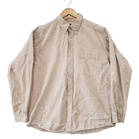 Eddie Bauer‎ Button Down Shirt Mens Large Tan Micro Check Long Sleeve Cotton