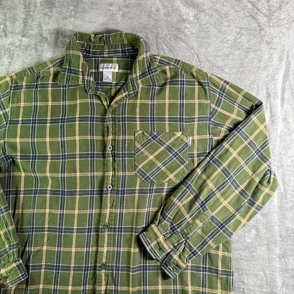 Carhartt Mens XL Flannel Shirt Green Plaid Long Sleeve Button Up Casual (READ)