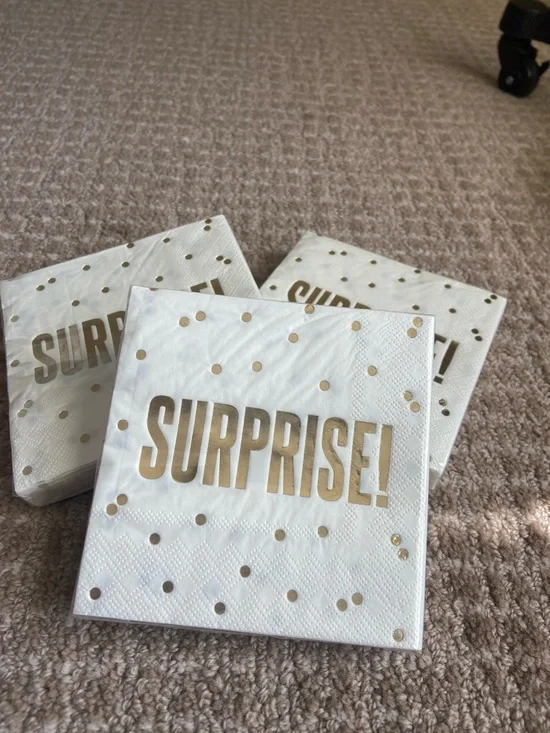 Bundle of 3 Gold 'SURPRISE!' Party Napkins - White‎ & Gold - Party Supplies