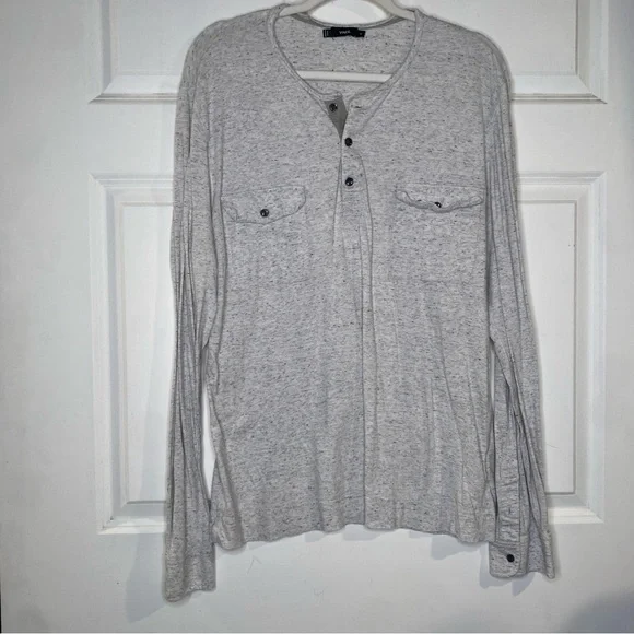 Vince Long Sleeve Henley Neck Double Chest Pockets Speckled Grey Size XL