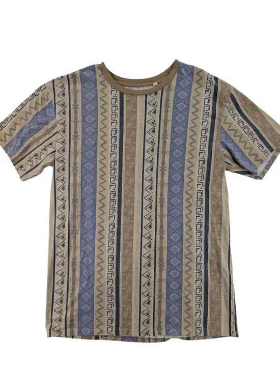 PacSun Aztec Tribal Ringer Tee Retro Southwestern Tan Blue Sz M