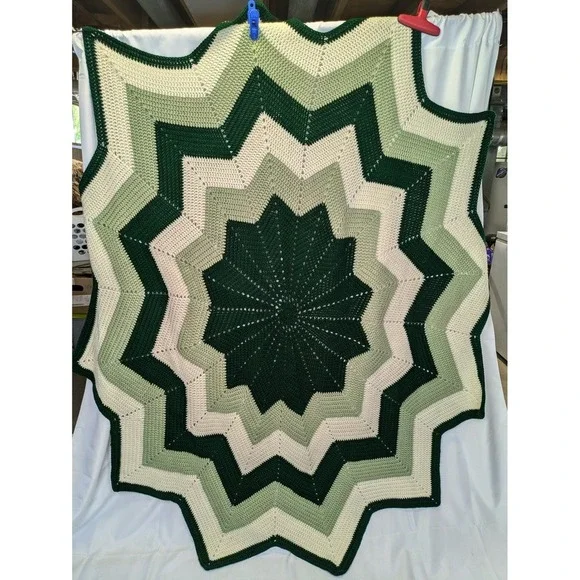 Handmade Crochet 12 Point Star Blanket Throw Green Chevron Afghan Lap‎ Throw 84