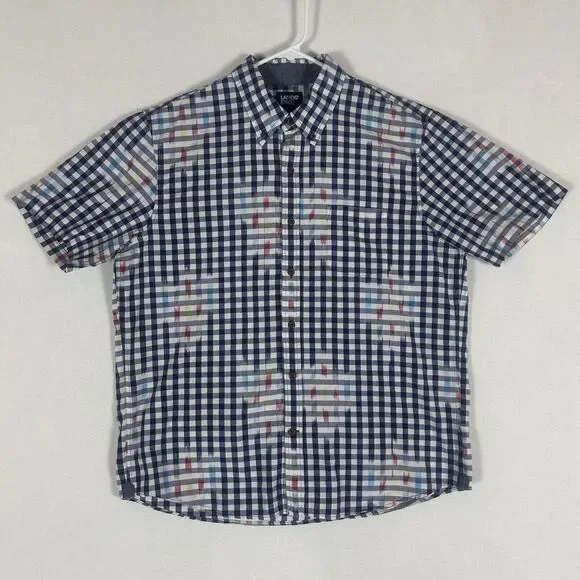 Lands' End Button Down Shirt Men's Large Blue Gingham Plaid Short Sleeve Casual