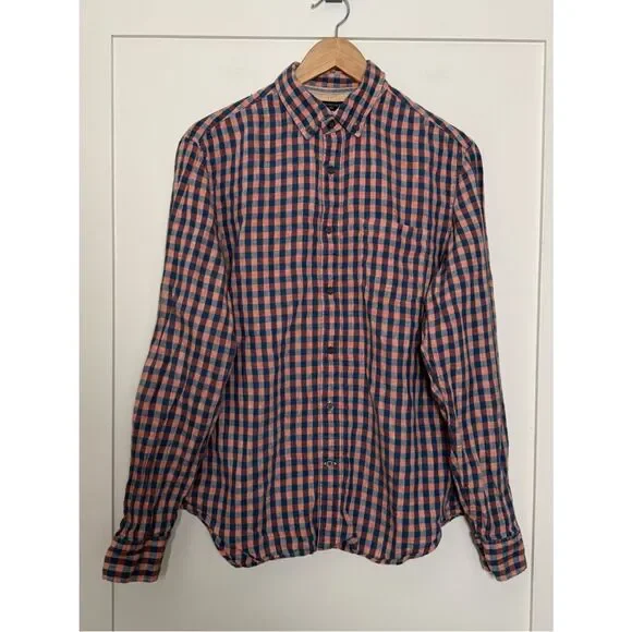 Banana Republic Camden Fit Shirt Men Sz M Blue Pink Check 100% Linen Long Sleeve