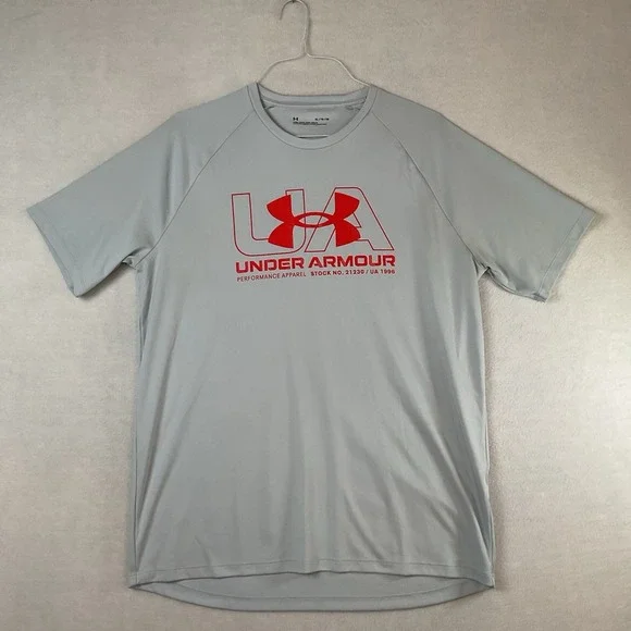 Under Armour Performance Shirt Mens XL Gray Red Logo Loose Fit Short Sleeve