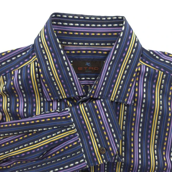 Etro Mens Dress Shirt Cotton Multi Color Stripe Size 43 17 Made in Italy