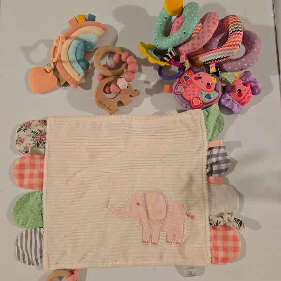 Modern Baby Pink Elephant‎ Security Blanket Teether Taggie Crinkle Lovey Girl