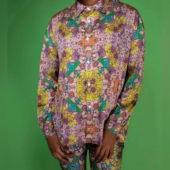 Nuvula Multicolor Duchess Satin Boho Floral Kaleidoscopic Button Down Shirt‎