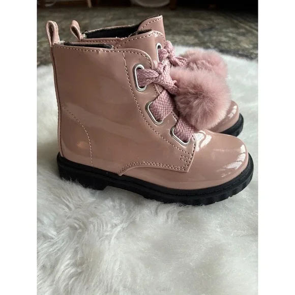 Rachel‎ Shoes Kids Pink Patent Lace Up Combat Boots Pom Poms Size 7
