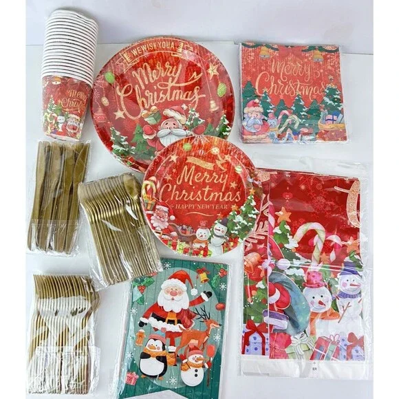 175 Pc Christmas Party Supplies Plates Napkins Merry Christmas Happy New Year
