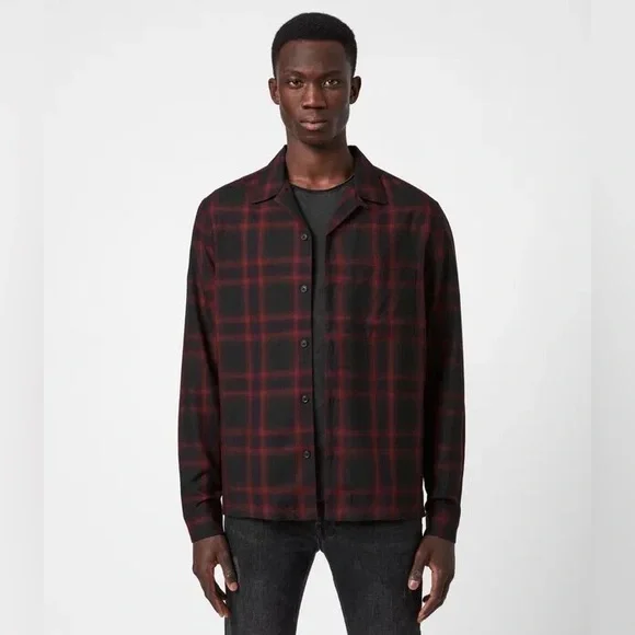 AllSaints Red and Black Plaid Shirt Jacket