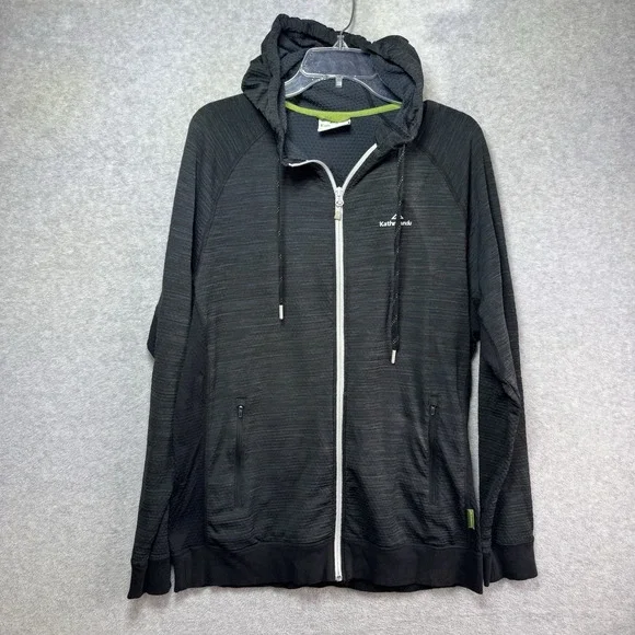 Kathmandu Jacket Hood Mens Large Full Zip Black Gray Hiking Outdoor Long Sleeve