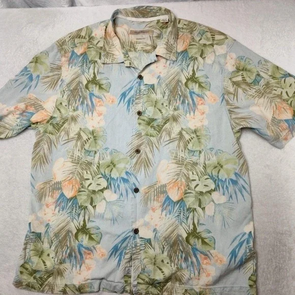 Tommy Bahama Shirt Mens XL Blue Floral Silk Button-Up Short Sleeve Tropical