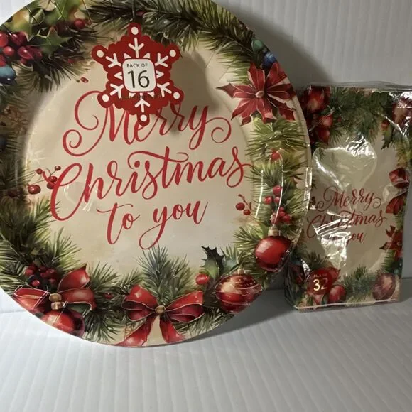 North Pole Print Shop Merry Christmas to You 48ct Paper Plates & Napkins