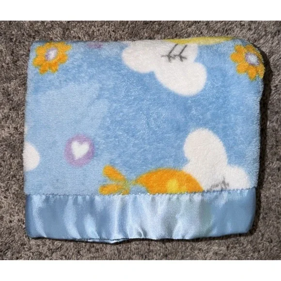 Baby Fleece Blanket Satin Trim Birds Clouds Nursery Security Blanket Blue 40x40