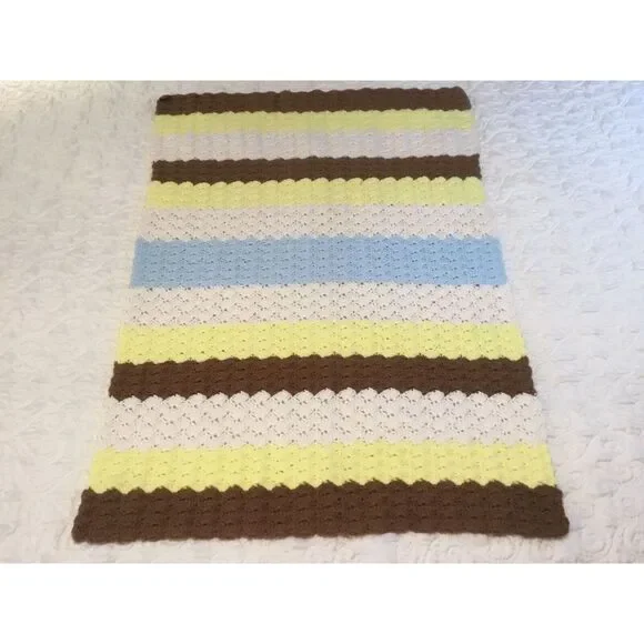 Crocheted Afghan handmade Throw Cover Brown yellow white‎ Size 40 Long 28 Wide