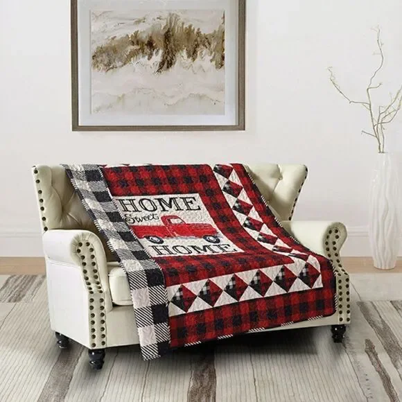 Vintage Farmhouse Old Red Truck Printed Quilted Throw Blanket Country Farm