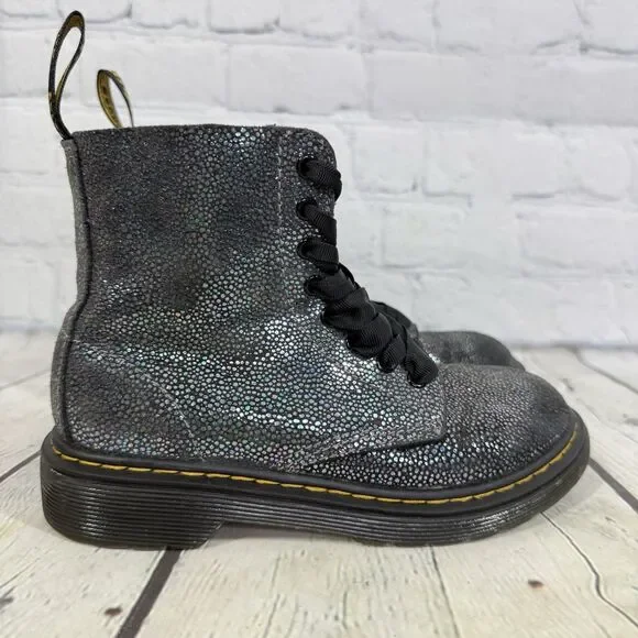 Dr Martens Combat Boots Girls Kids Size 13 Black Shine Lace Up Platform Shoes