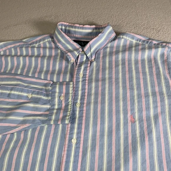 Ralph Lauren Shirt Mens XLT Tall Blue Pink Striped Long Sleeve Easter Pastel‎