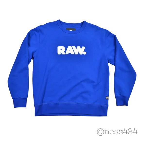 G Star Raw Men Blue Crewneck Sweatshirt Long Sleeve Graphic Print‎ Logo Size L