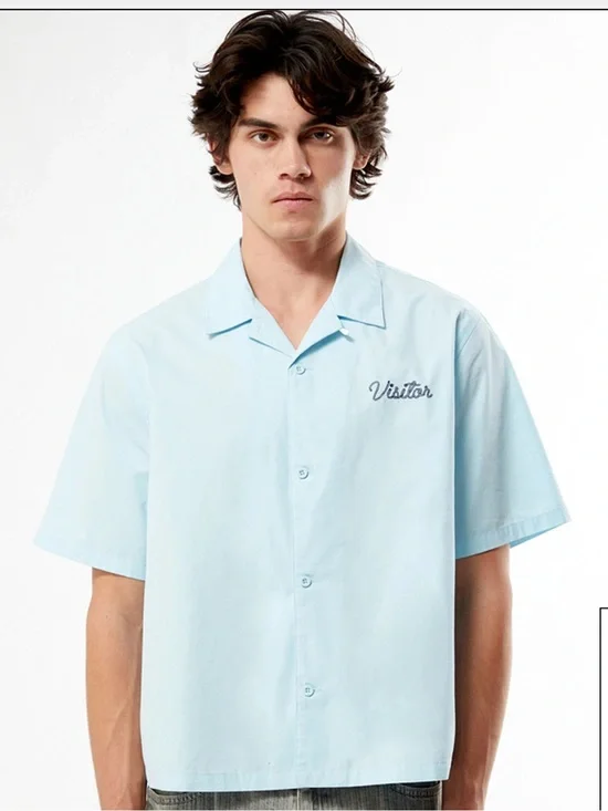 Pacsun Embroidered Light Blue Short-Sleeve Camp Shirt size L