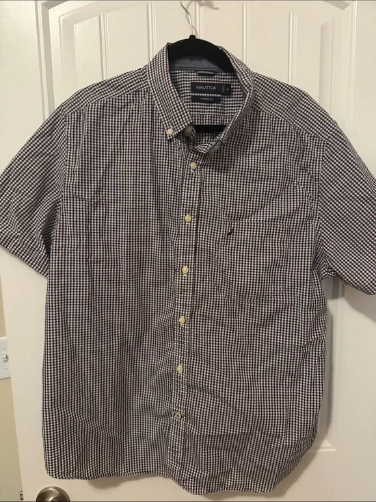 Nautica Short-Sleeve Navy, Burgundy and White Check Button-Down Shirt