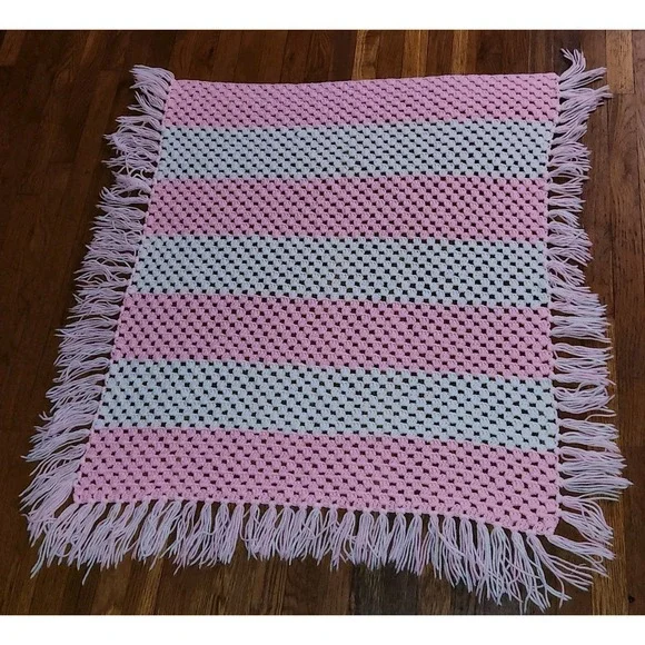 Handmade Crochet Pink & White Vintage Baby Blanket 44